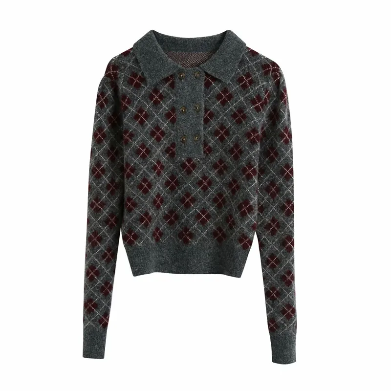 Evfer Autumn Women Casual Argyle Gray Za Knitted Pullover Sweaters Feamel Fashion Double Breasted Turndown Collar Polo Sweater | Женская