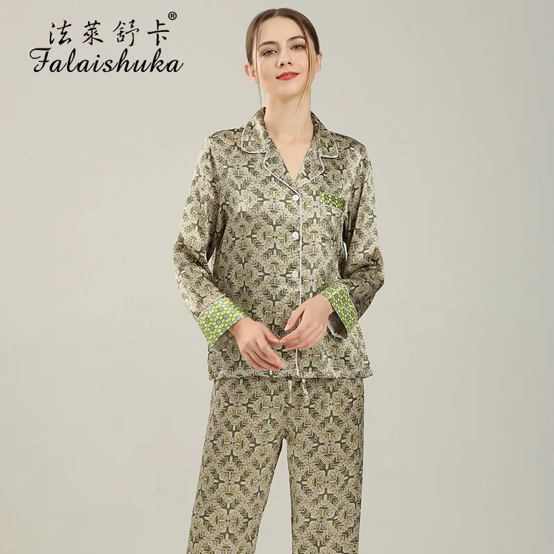 Women's Silk Pajamas Sets 2021 Summer Spring Full length Sleeve Sleepwear Home Wears Two Piece Pajamas  Set