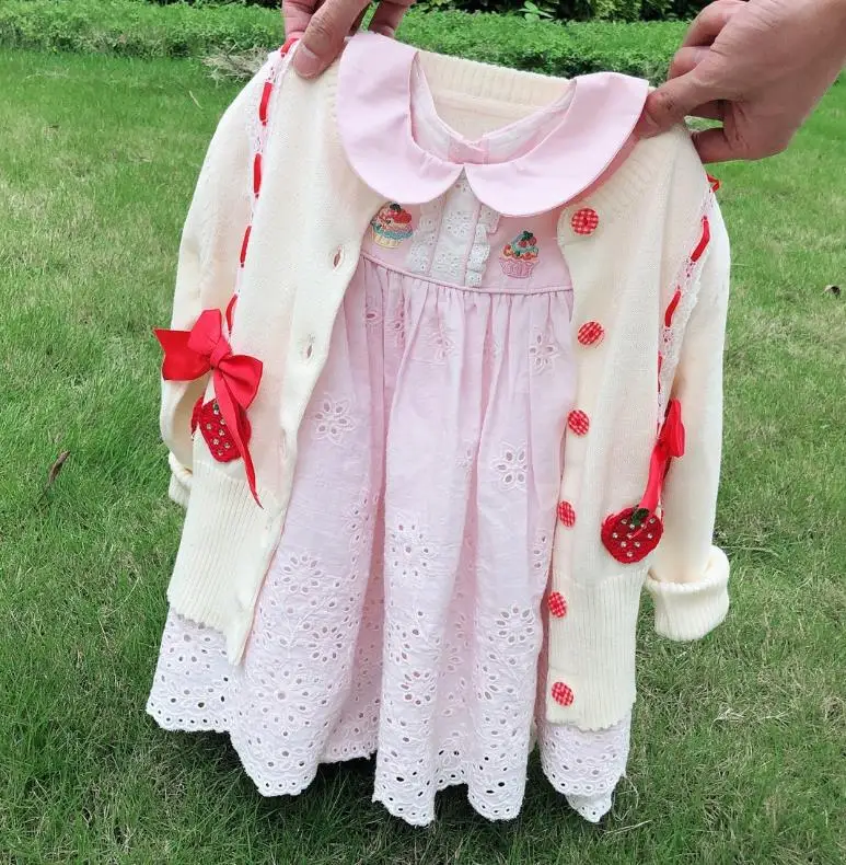 

Baby Girls strawberry Cardigan Autumn Cotton Sweater bow Children Knitted Cardigan