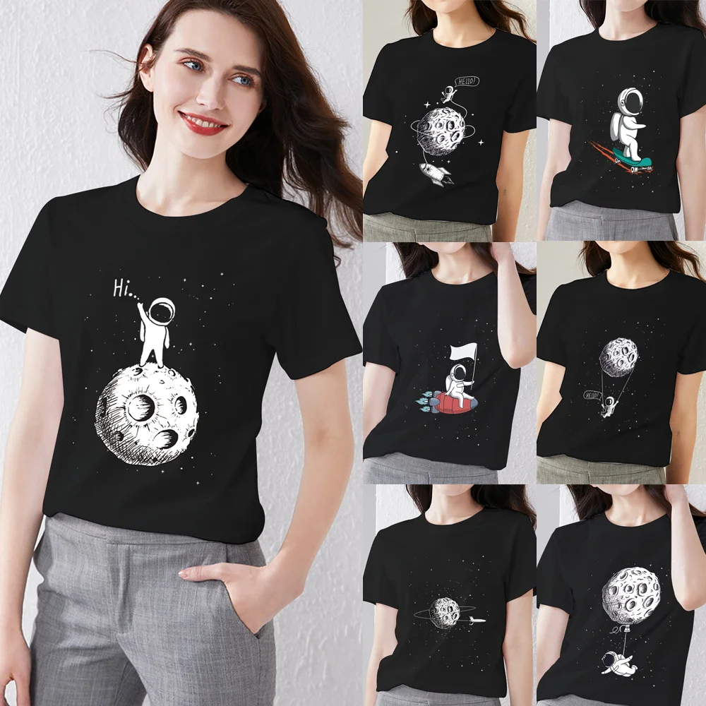 

T-shirt Womens Casual 2021year Cartoon Little Astronaut Pattern Printing Series Jacket Round Neck Ladies Slim Short Sleeves