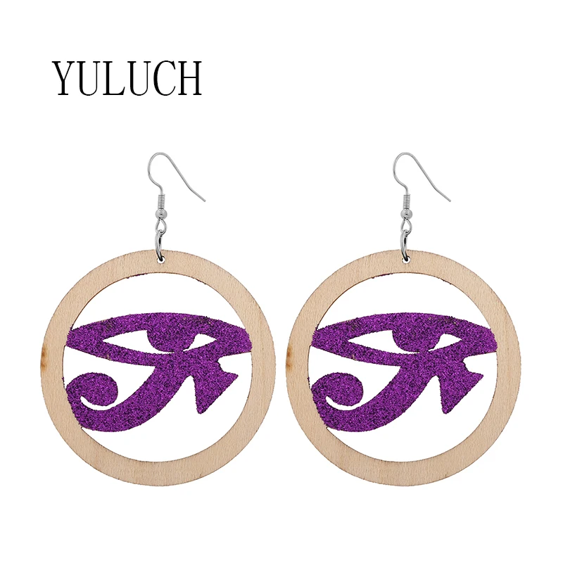 

YULUCH Natural wood round pendant women's earrings Glitter eye pattern sequins art jewelry for girls wooden earring ladies