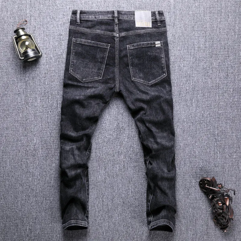 Newly Fashion Men Jeans Black Color Elastic Slim Fit Ripped Jeans Men Korean Style Embroidery Designer Casual Denim Pencil Pants