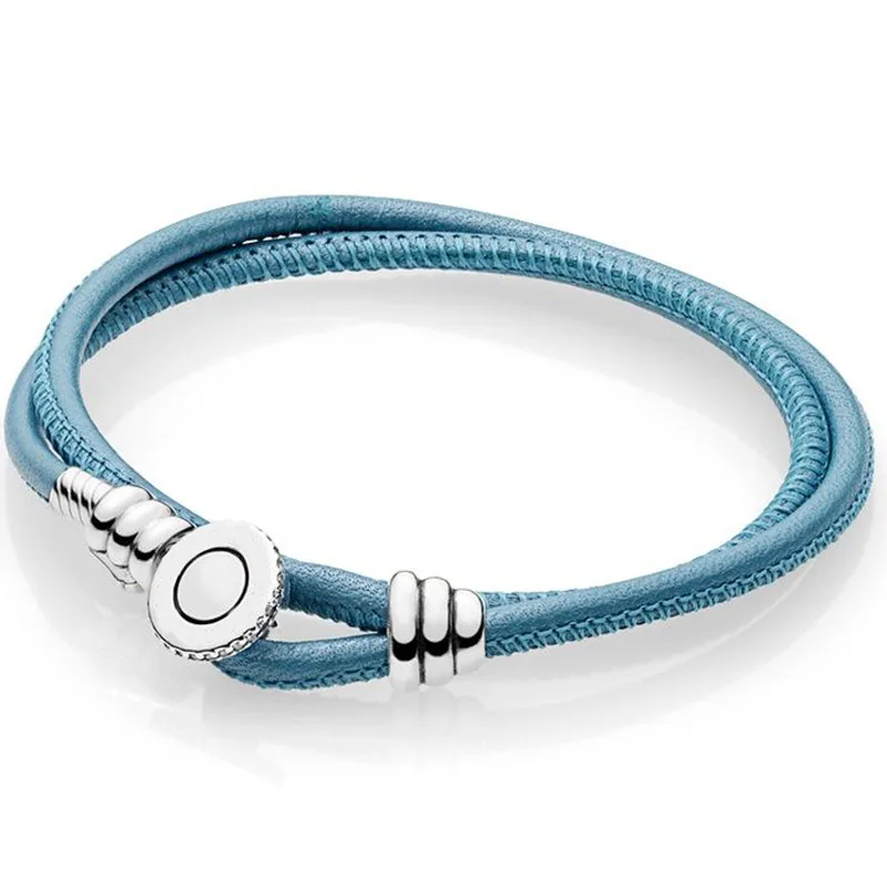 Blue 44cm 925 пробы серебряный браслет Многоцветный двойной кожаный с логотипом Кнопка Пряжка для браслета на запястье Fit бисера Шарм Diy Европа ювелирные изделия - Окраска металла: Blue 44cm