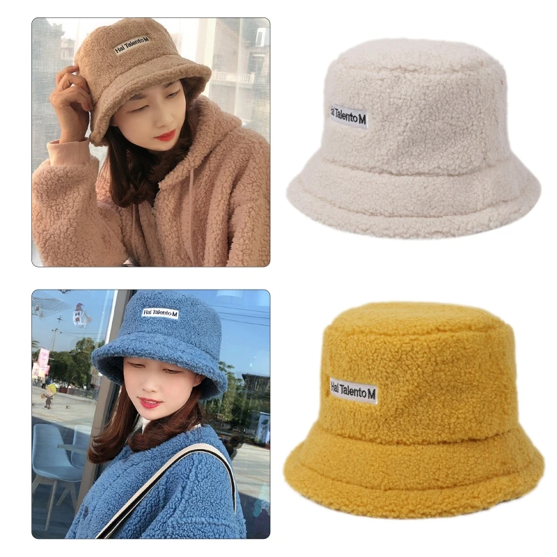 

Women Winter Warm Faux Fleece Bucket Hat Letters Label Solid Color Fisherman Cap 6XDA