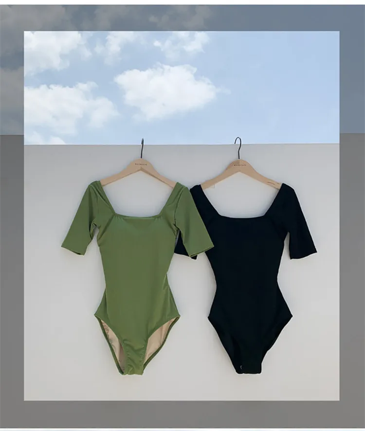 

2021 Korean Style Women Swimsuit Solid Color Sexy Open Back Swimwear Cover Belly Slimming Conservative One-piece Swimsuit