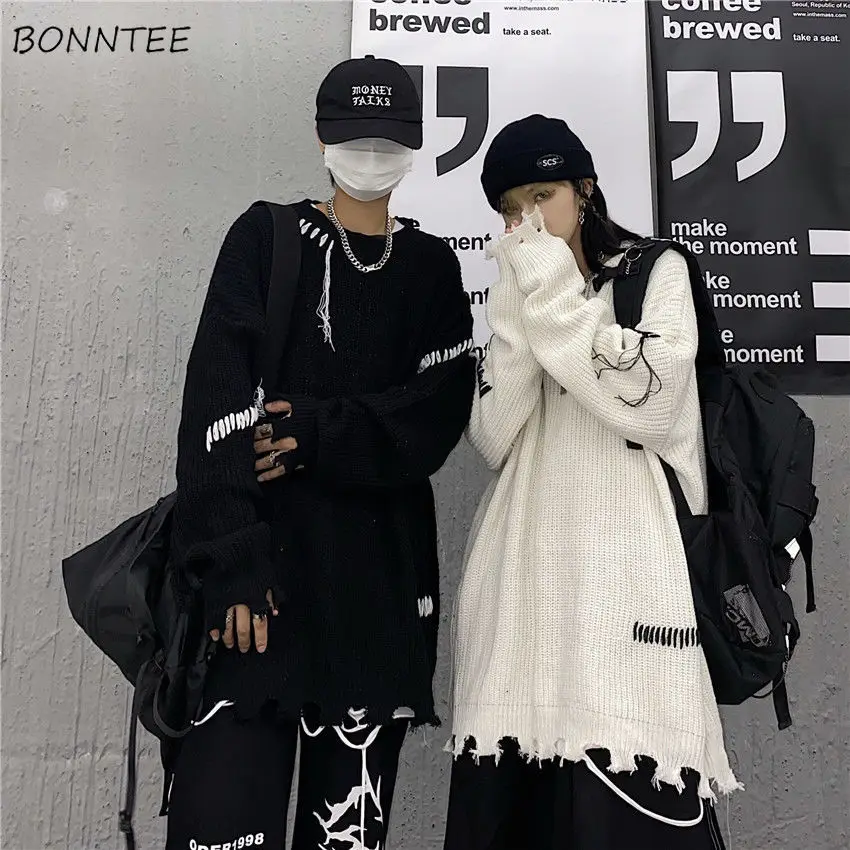 

Pullovers Women Knitting New Korean Style Harajuku Frayed Hole Patchwork Autumn Vintage O-neck 90's Loose Unisex Couple Sweaters