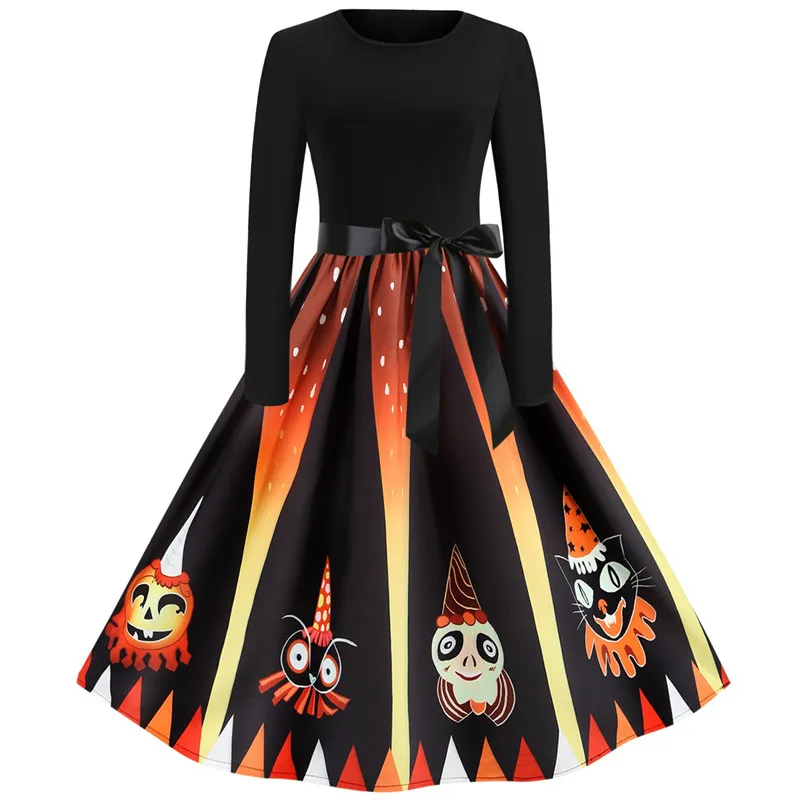 

Women Autumn winter long Sleeve Vintage 3d printing dress Halloween carnival Evening Prom Party Patchwork Round collar Dress