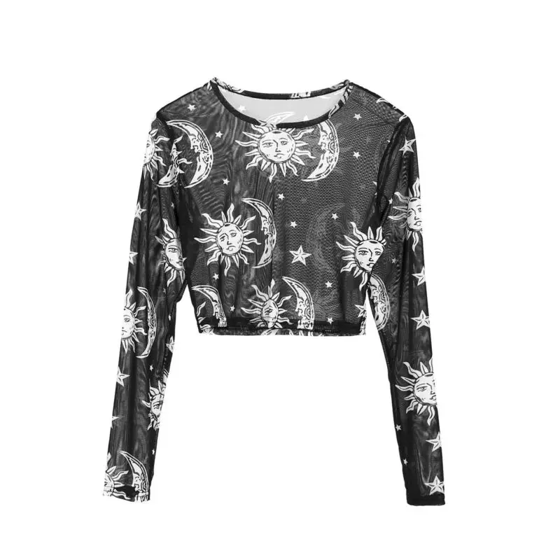 Sun Moon/печатаный Прозрачный сетки пикантные футболка женское платье с круглым - Фото №1