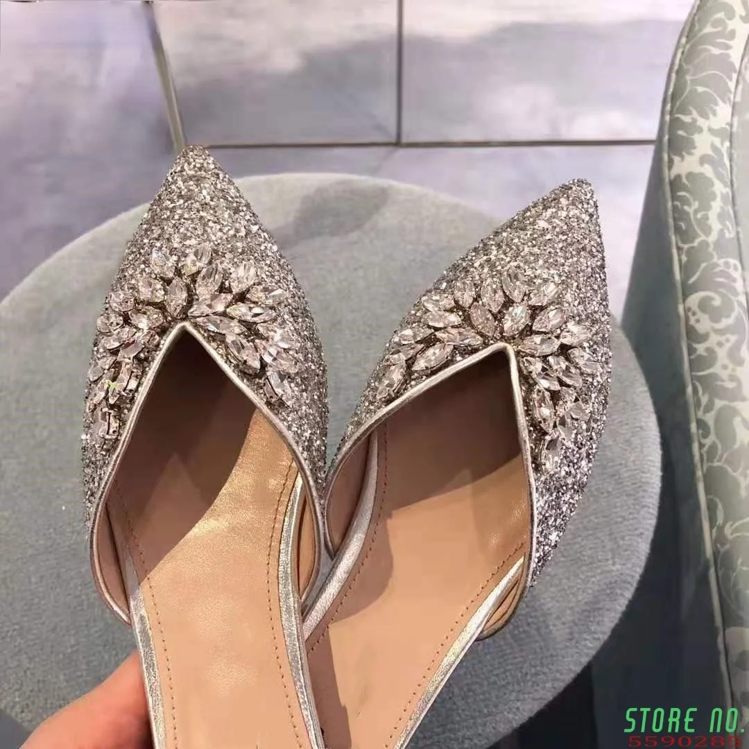 

New Summer 2020 Women's Slipper Silver Sequin Rhinestone Closed Toe Ladies Fashion Pointed Toe Flat Heel Bling Slippers women