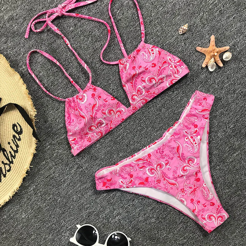 

MYTENG Sexy Bandeau Swimwear Women Pink Print String 2 Piece Set Bikini Low Waist Swimsuit Summer Beach Wear Backless Biqiuni