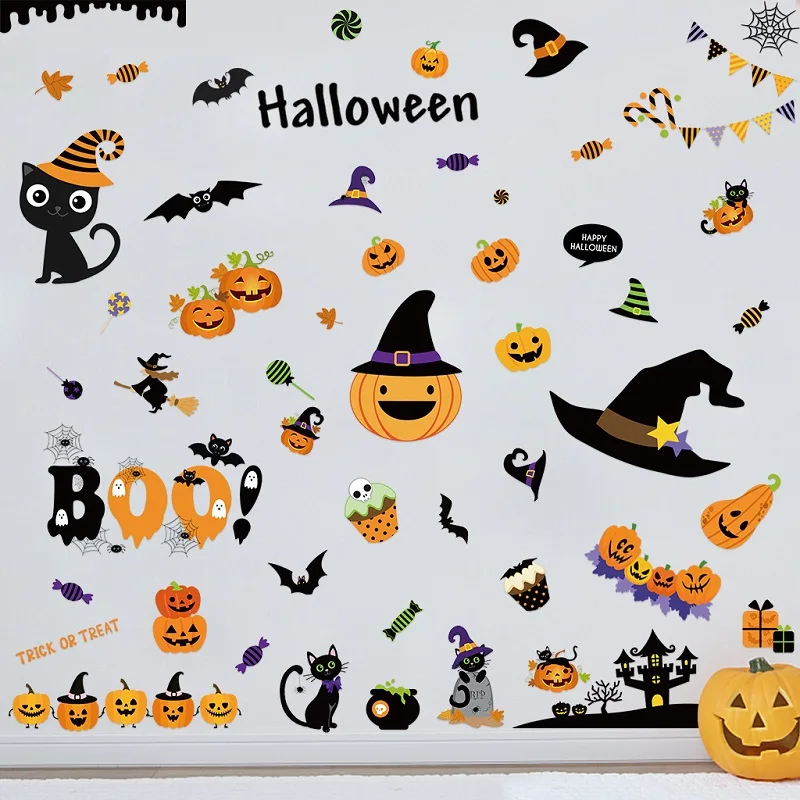 

Happy Halloween Pumpkin Kitten Stickers Window Wall Door Floor Decal Stickers DIY Halloween Party Decoration Haunted House Props