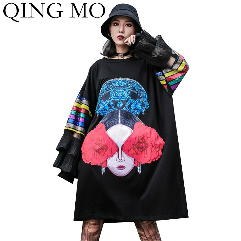 QING MO черное весеннее женское платье 2020 с цветочным принтом большого размера
