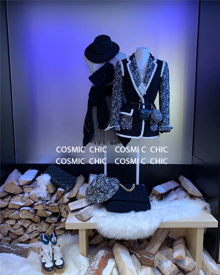 Cosmicchic SS женское дизайнерское шерстяное твидовое пальто черного и белого цвета с отворотом и боковыми карманами, теплые куртки с отворотом, роскошное пальто