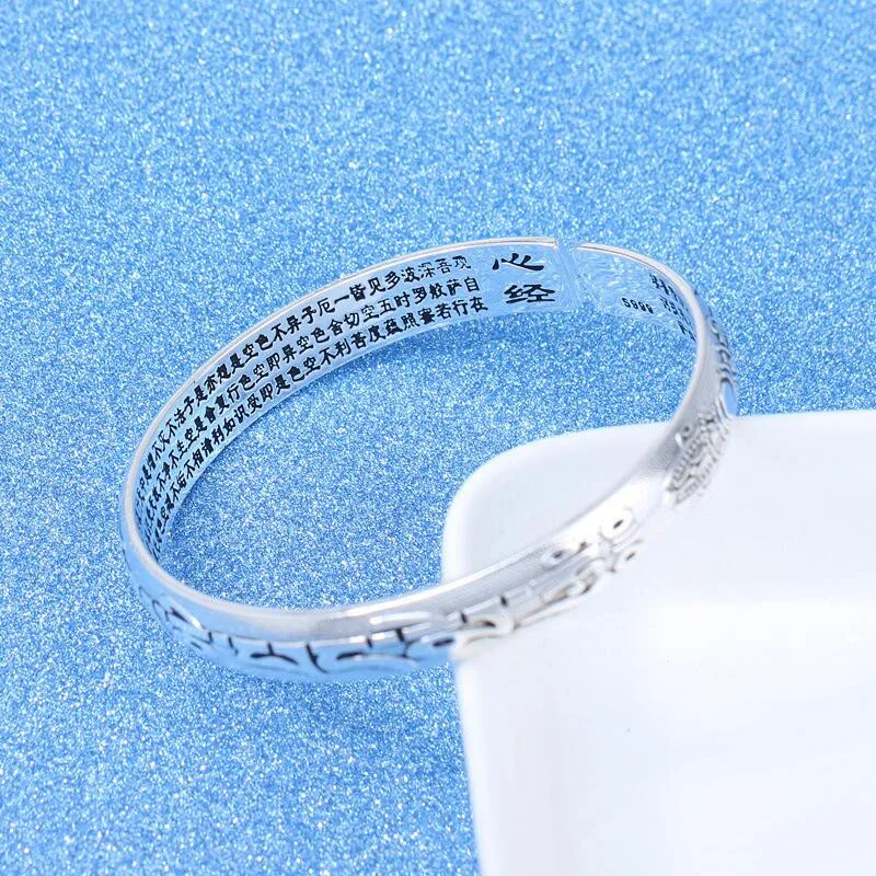 

Tibetan Silver Color New Woman Buddhist Scriptures Bracelet Men's Classic Retro Six Words Mantra Open Bracelet Jewelry