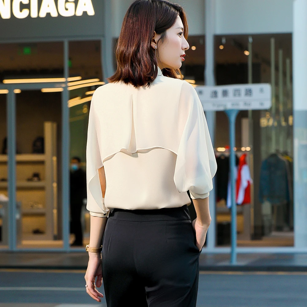 

High Quality Elegant Women Formal Blouses Ladies Apricot White Black Female Long Sleeve Business Shirt Tops