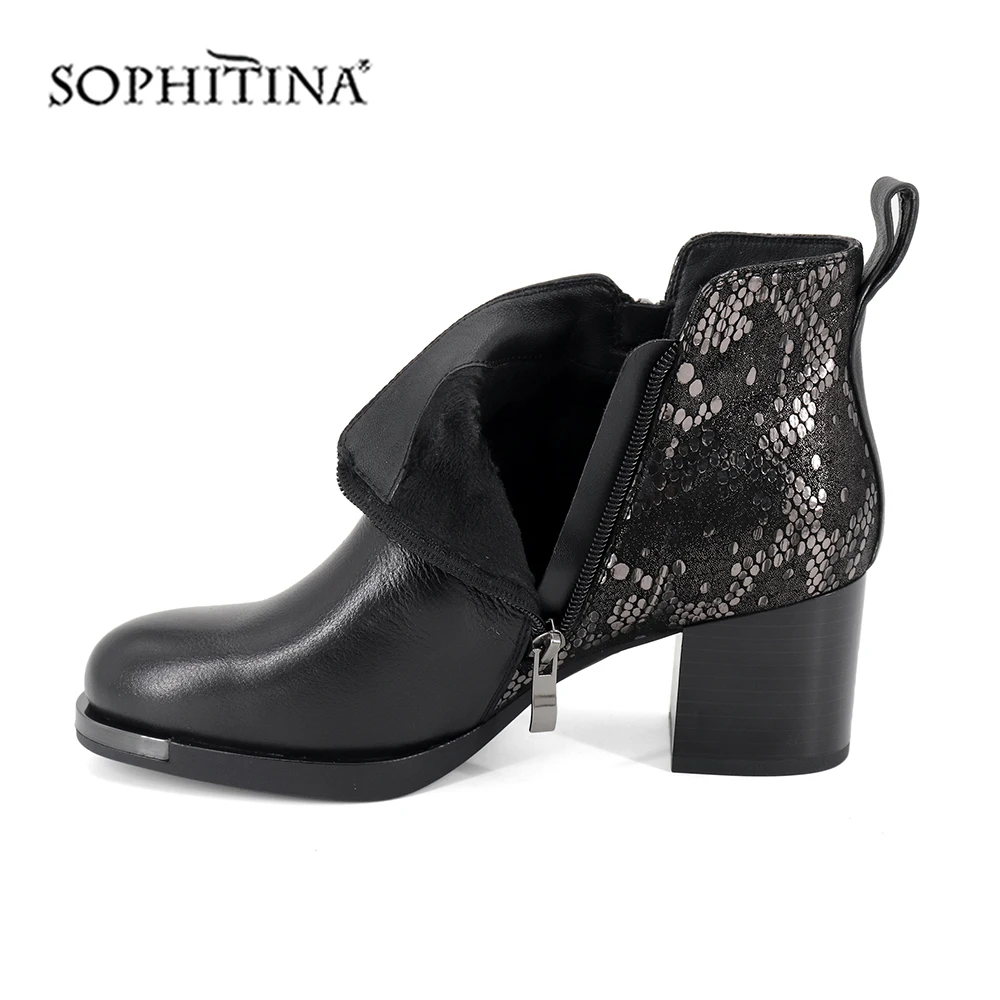 SOPHITINA/Ботильоны женские на весну и осень. Модные сапоги с рисунком животных из высококачественной коровьей кожи на квадратном каблуке с круглым носком. Новая обувь с молниями сбоку. Ботинки с метал. пряжкой. SC393