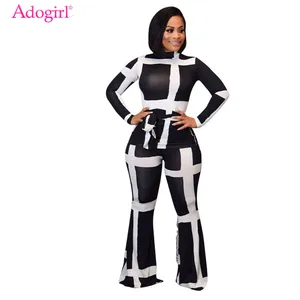 Adogirl комплект из двух предметов с модным принтом и повязкой на голову с поясом, футболка с длинным рукавом, топ с расклешенными штанами, женский модный повседневный костюм