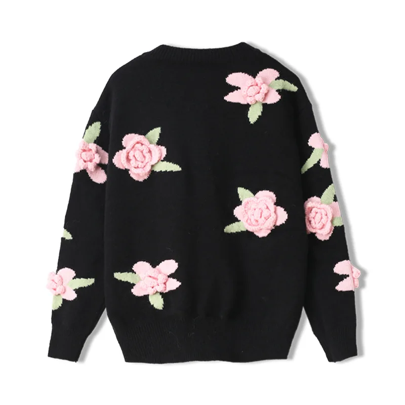 

Винтажный Модный роскошный женский кардиган с объемной цветочной вышивкой на осень и зиму, женский черный Жаккардовый свитер с круглым выр...