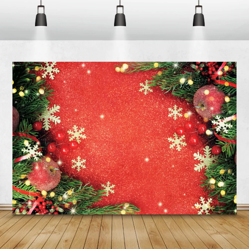 

Merry Christmas Red Background Pine Leaves Snowflake Golden Glitter Light Dots Toys Children Portrait Photography Photo Backdrop