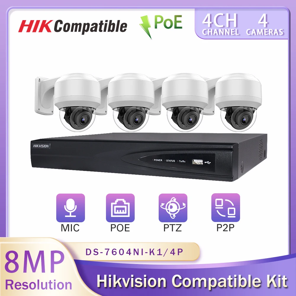 

Hikvision Compatible Kit Mini PTZ Camera 4K 5MP 4PCs 4X Zoom Built in Mic 4CH NVR POE DS-7604NI-K1/4P Security CCTV System P2P