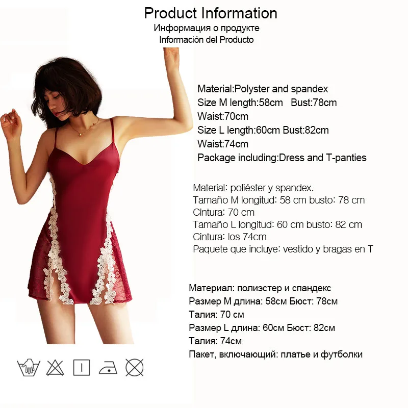 

Summer Sexy Lingerie for Women Ice Lace Flower hollow out Babydolls Deep V Backless Nightdress With T panties Sleepwear 90072