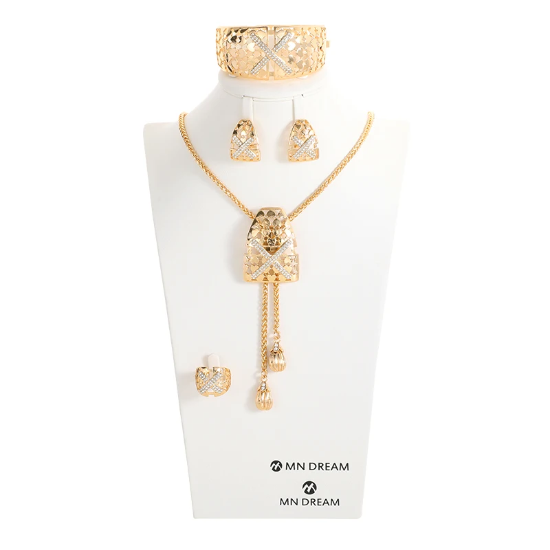 

Fashion Dubai gold color jewelry sets for women wedding gifts African necklace ring earrings bracelet set Nigeria jewellery