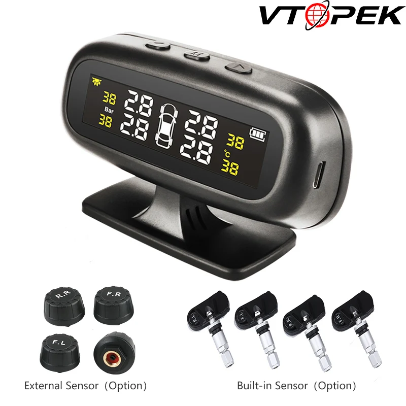 

Vtopek Solar TPMS Car Tire Pressure Sensors Alarm Automotive Monitoring Intelligent System USB Security Warning Pressure Gauge