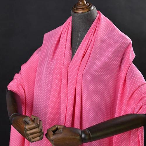 Мини Белый принт в горошек на Розовом Шелковом крепдешине шелковая ткань SCDC1024 |