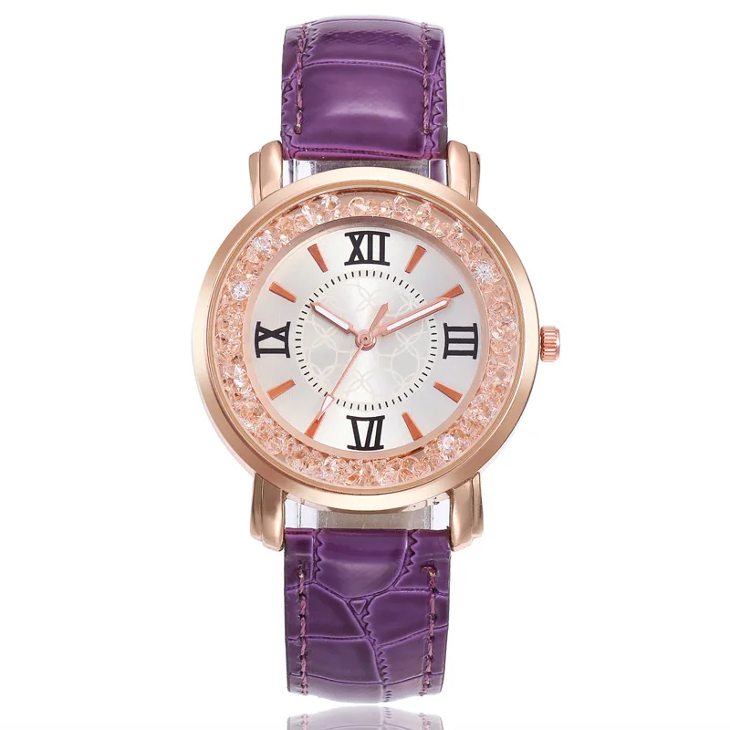 Роскошные женские часы с бриллиантами кожаные кварцевые римские цифры