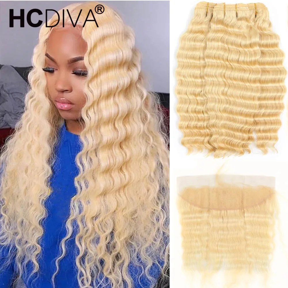 

613 Blonde Bundles With Frontal 38 40inch Brazilian Deep Wave 3 Bundles With Frontal Closure 613 Frontal With Bundles Remy Hair