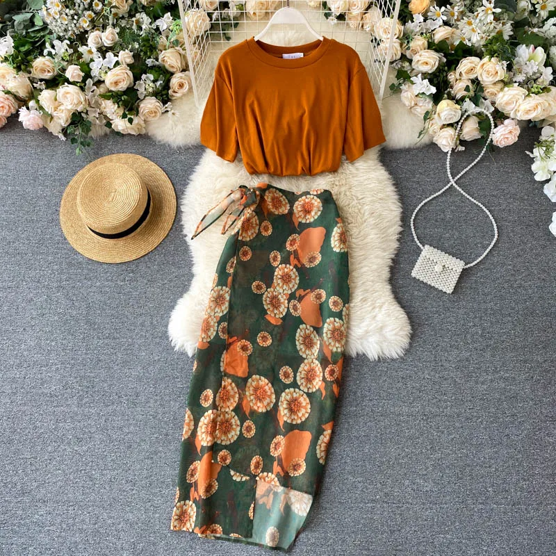 

Women's Spring Summer Runway Fashion Short Top 2 Pcs dress Female Sexy Split Print Skirt Chic Slim Dress TB1745