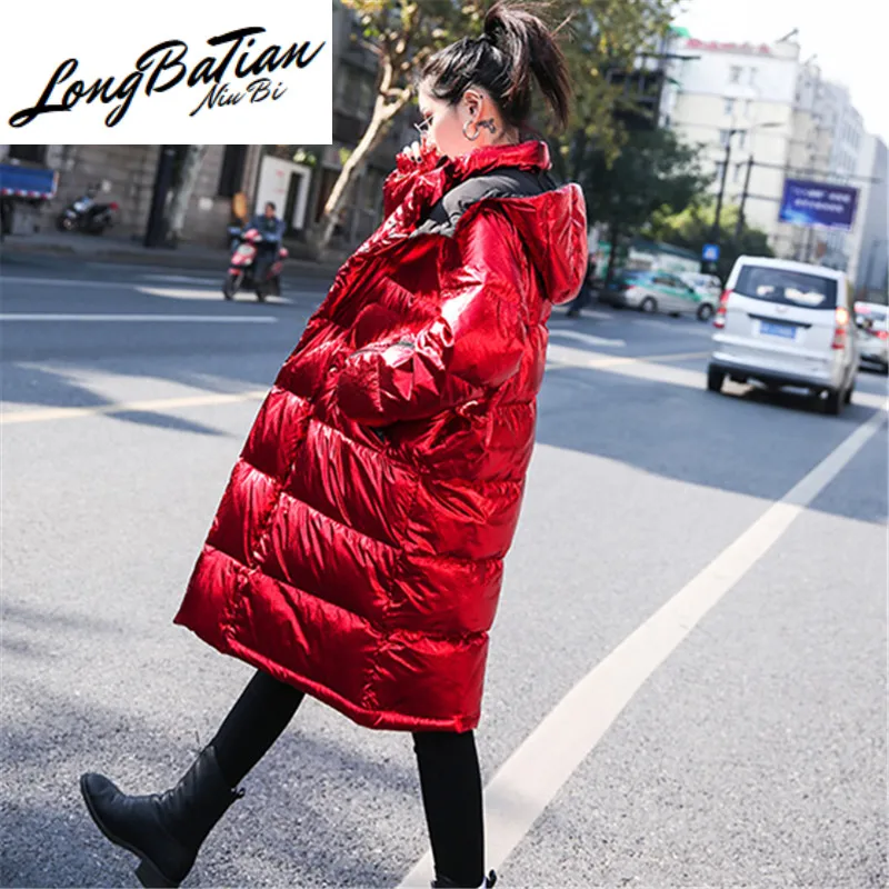 Женская Блестящая парка на молнии красная длинная свободная с капюшоном толстая