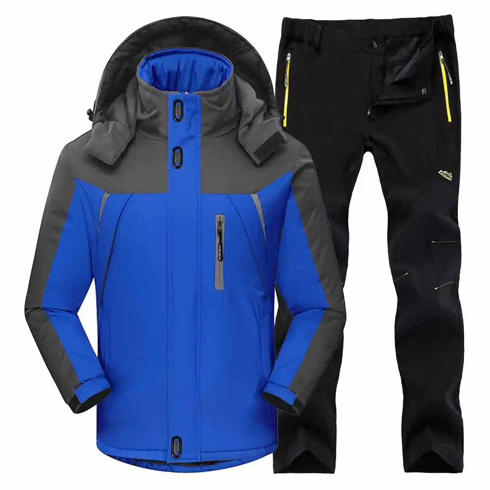 Blue Black Suit Мужские зимние водонепроницаемые лыжные теплые флисовые походные куртки для рыбалки и катания на лыжах, мужские походные брюки, походная куртка, комплект, 4XL костюм - Цвет: Blue Black Suit