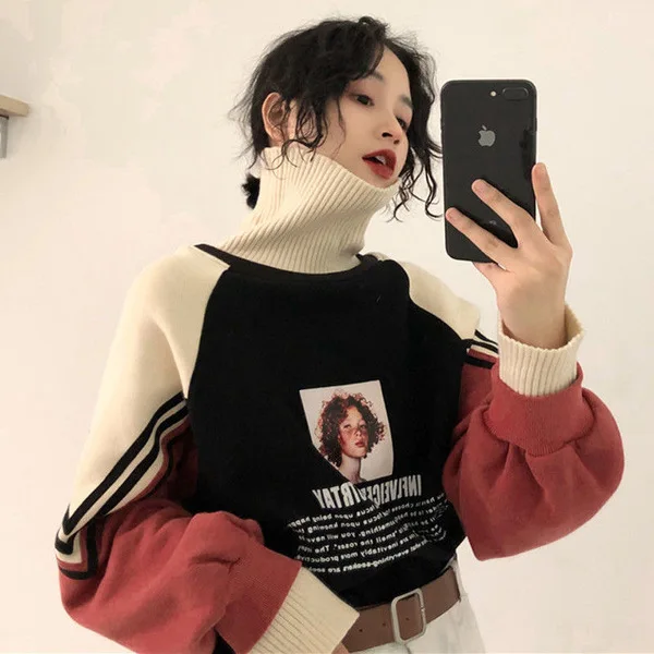 

Turtleneck Hoodie Sweatshirt Women Winter Plus Velvet Warm Pullovers Tops Harajuku Womens Oversize Casual Patchwork Sweatshirts