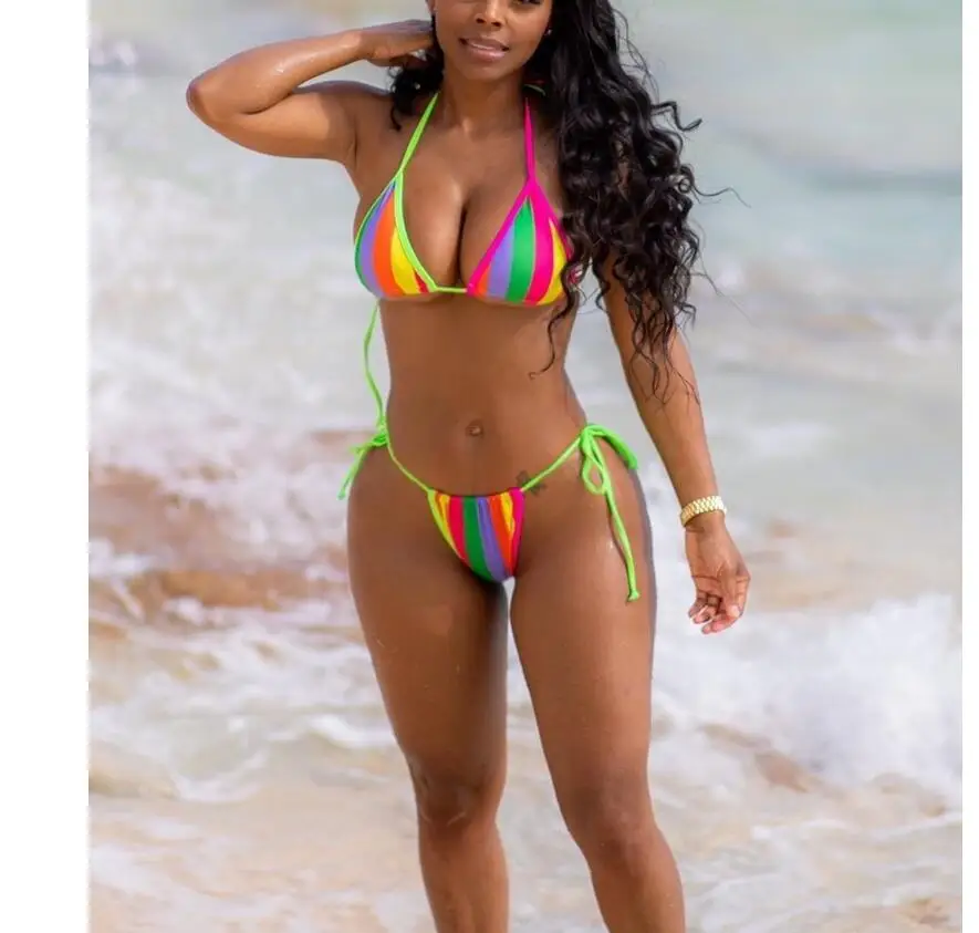 

Explosive style 2021 new swimsuit European and American fashion bandage rainbow sexy bikini