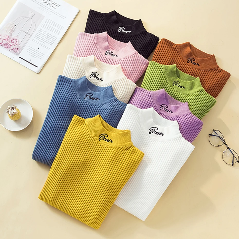 7 ярких цветов осенне-зимний новый свитер с вышитым буквенным принтом высоким