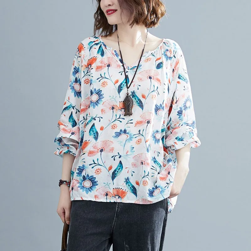 

Women Long Sleeve Cotton Linen T-shirts New Arrival 2021 Spring Simple Style Vintage Print Loose Female Casual Tops Tees S3193