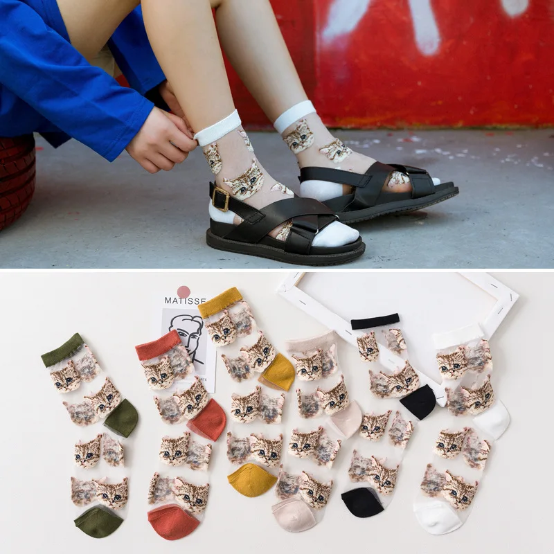 

New Cartoon Cute Cat Pattern Socks Summer Autumn Women Girl Crystal Silk Socks Ultrathin Transparent Short Socks Multi Style