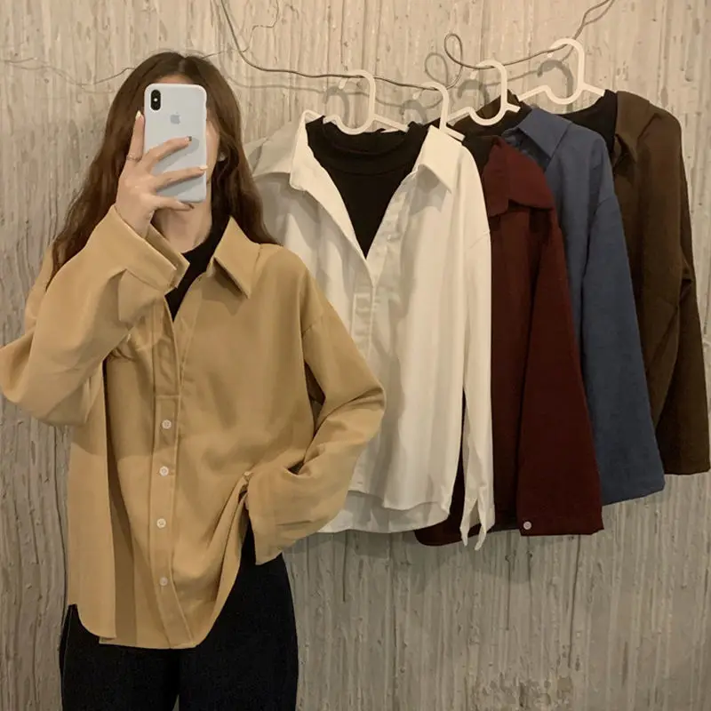 Утепленные вельветовые рубашки однобортные блузки с отложным воротником и