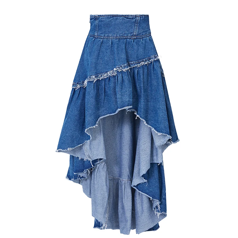

summer Bohemian 2021 Women Ruffles Irregular ripped Denim Skirt female sexy high waist Jeans Skirts Gothic streetwear Y691