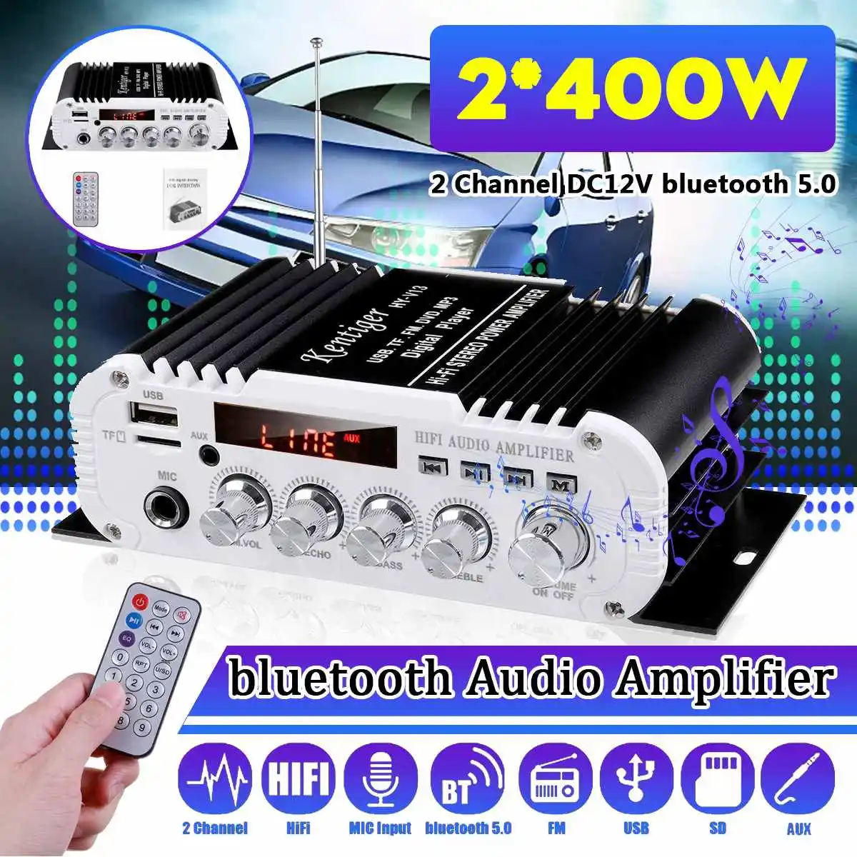 

800W DC 12V 2 Channel Car Digital Power Amplifier EQ Hifi bluetooth Audio Amp Microphone Input Car Radio Subwoofer FM USB AUX SD