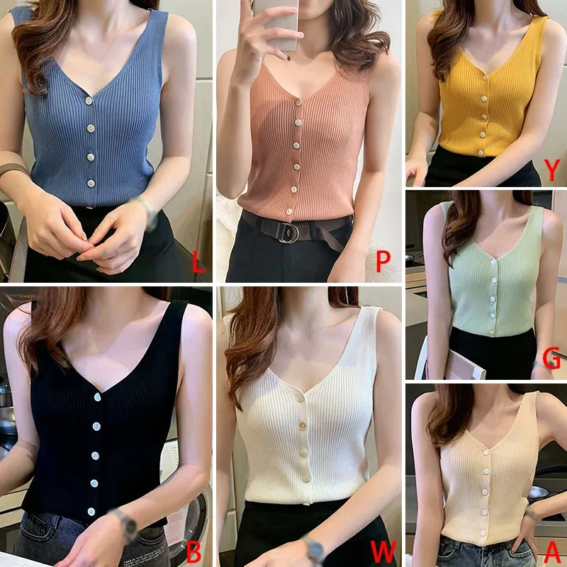 

Women Crop Top Tank Top Buttons Sexy V-neck Sleeveless Knitted Vest Casual Beach Vest Female Camisole Camisole
