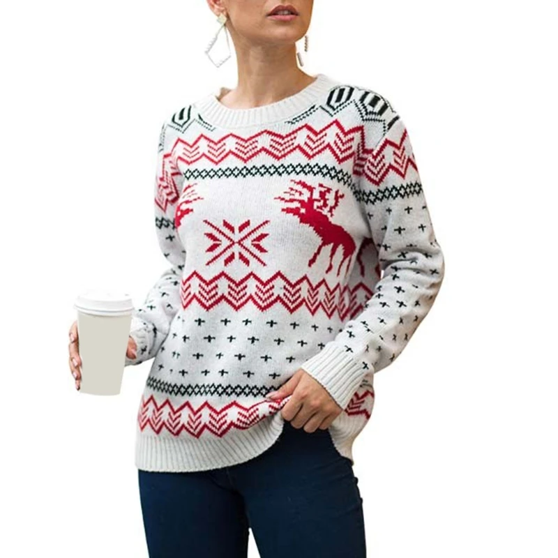 

Women Winter Christmas Long Sleeve O-Neck Sweater Reindeer Snowflake Jacquard Pullover Tops Knitted Loose Holiday Jumper
