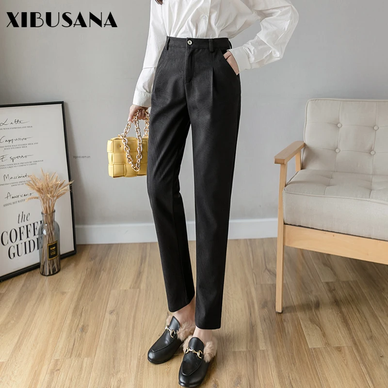 

XIBUSANA regular Casual Harem Woolen Pants Autumn Winter Women Thick Pant High Waist Female Straight Suit long Pants Streetwear