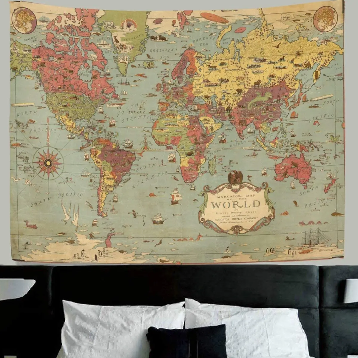 

World Map Wall Hanging Vintage Chic Compass Fabric Tapestry Blanket Home Decoration For Living Room Bedroom Dorm Farmhouse