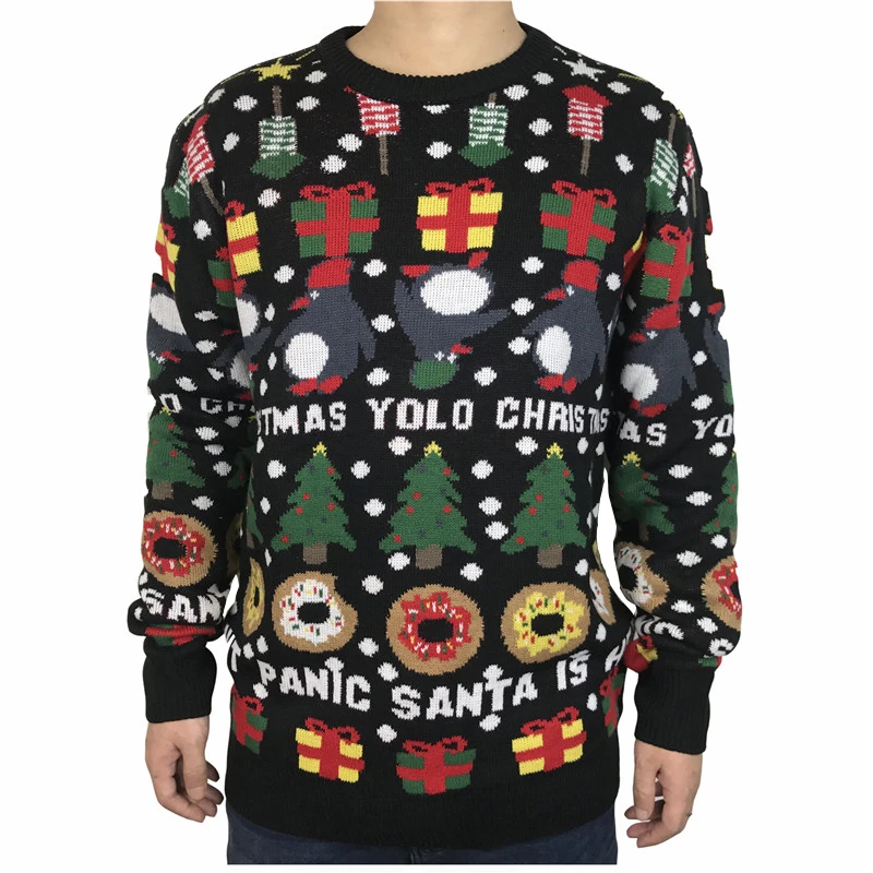 

Funny Knitted Yolo Ugly Christmas Sweater for Men Kawaii Men's Penguin Donut Holiday Season Ugly Xmas Sweaters Pullover Jumper