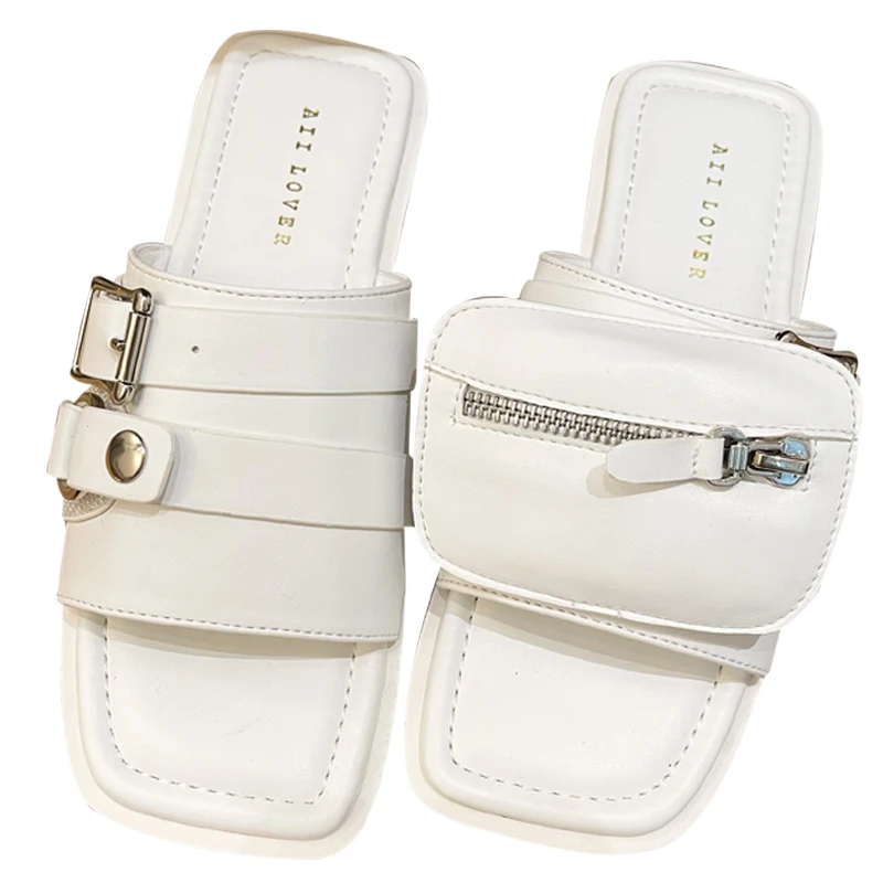 

Flats Slippers Women 2021 Summer Beach Shoes Flat Soft Bottom Cool Slippers Wallet Decoration Slides Genuine Leather Flip Flops