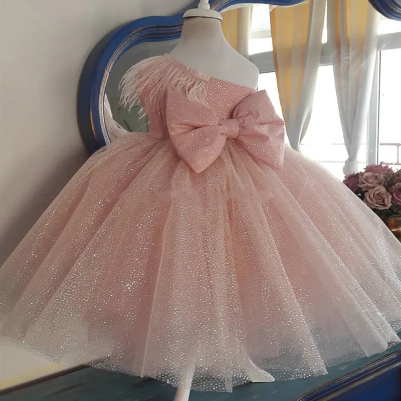 One Shoulder Shiny Glitter Baby Girl Dress Big Bow Flower Girl Dress Kids Clothes Children Birthday Party Gown