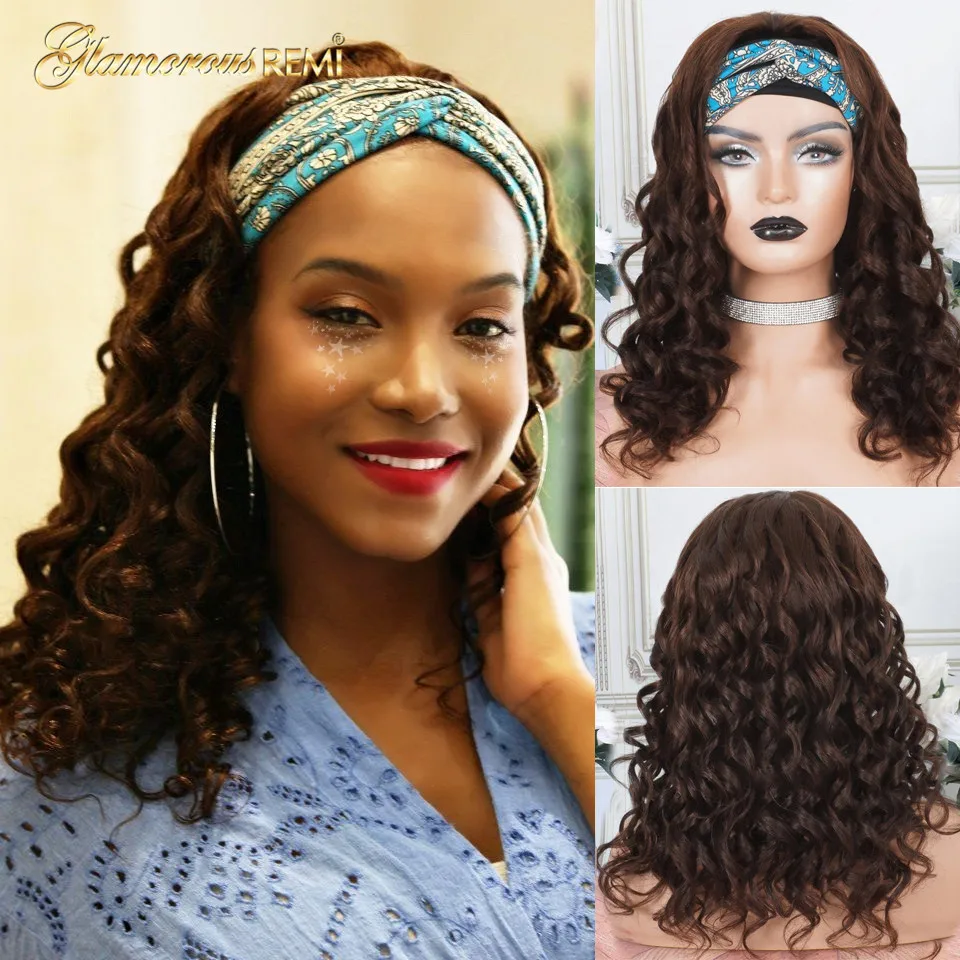 

Brazilian Loose Wave Headband Scarf Wigs Glueless Full Machine Made Colored Human Hair Wigs For Women Black Density150 Remy Hair