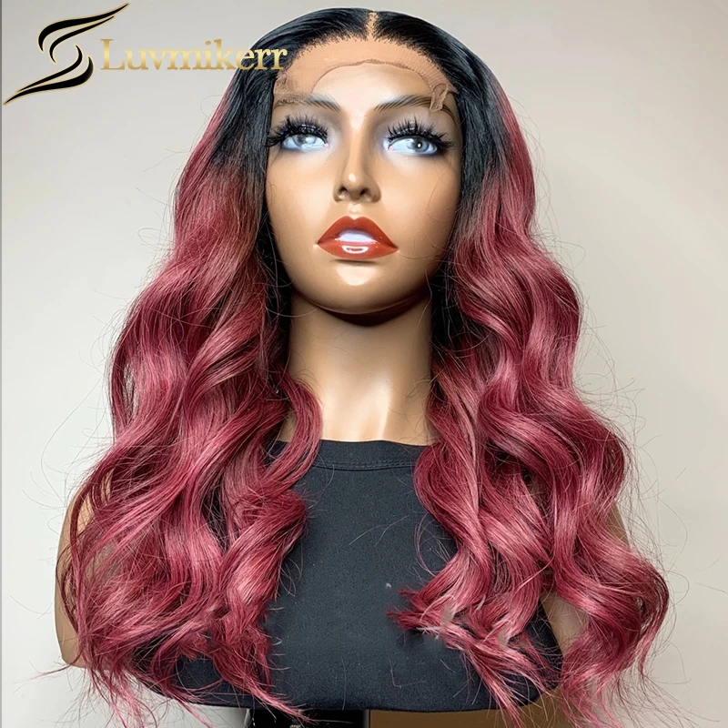 

Ombre Pink Colored 13x6 Human Hair Lace Frontal Wigs Dark Root 99J Brazilian HD Transparent Wigs Pre Plucked Lace Front Wig Wavy